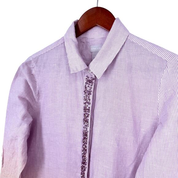 Chicos MEDIUM 1 8/10 LINEN BLEND Purple Stone Accent Long Line Shirt Top Tunic - Picture 3 of 10